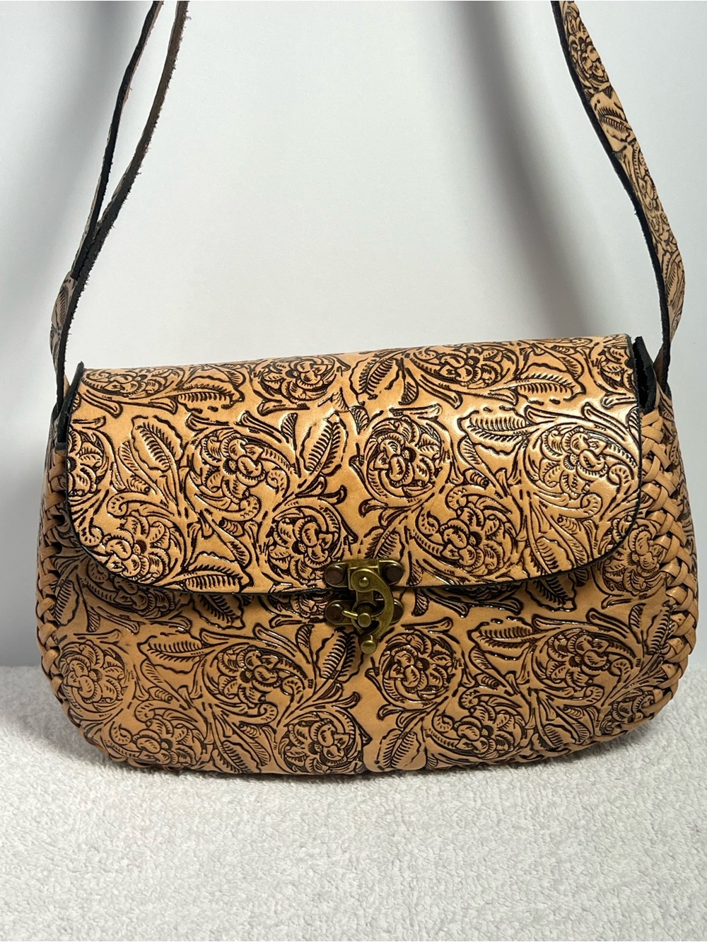 Tooled Leather Embossed Floral Saddle Bag Purse Braided Handcrafted Western Boho